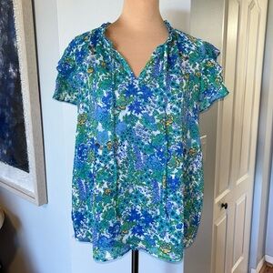 Joie blue green ruffle short sleeve blouse